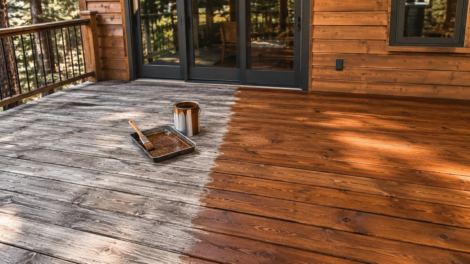 Deck half weathered gray and half freshly stained rich brown with a sharp dividing line