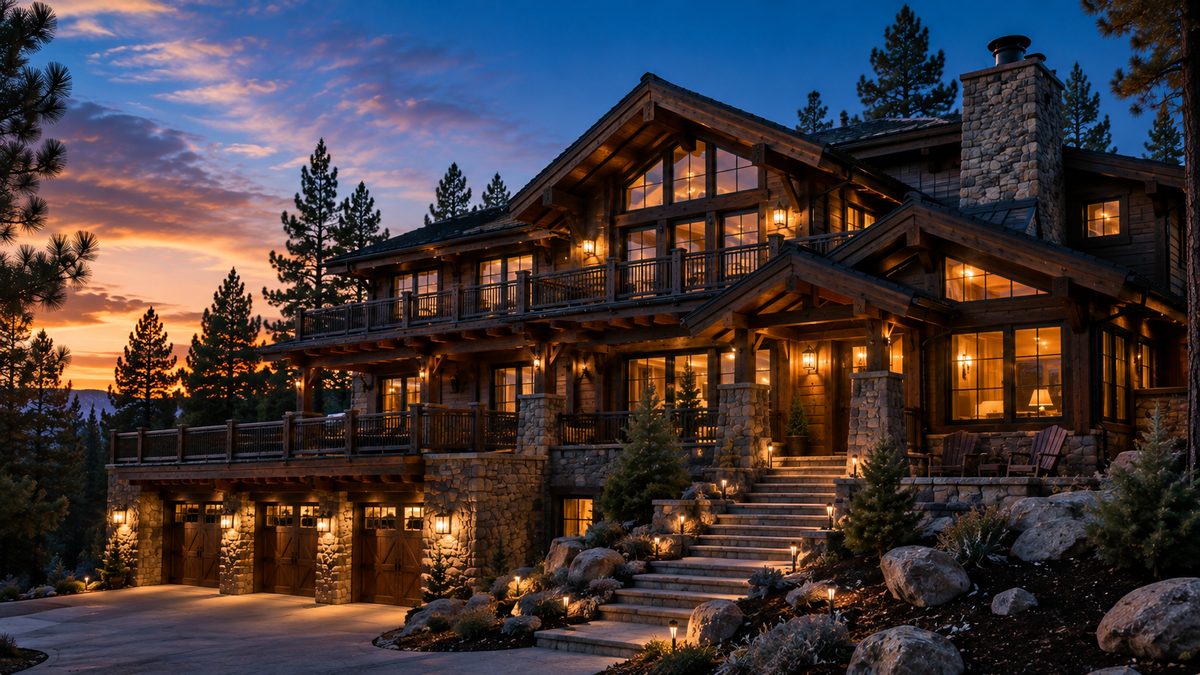 Modern architectural mountain home with a flawlessly finished dark exterior on a forested ridge