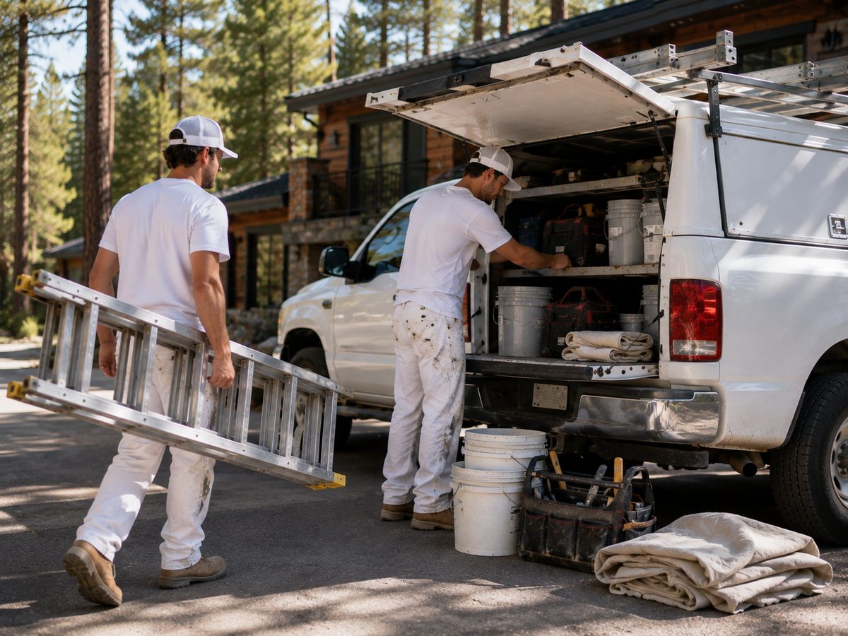 Ridgeline crew unloading ladders and equipment from a work truck at a mountain home