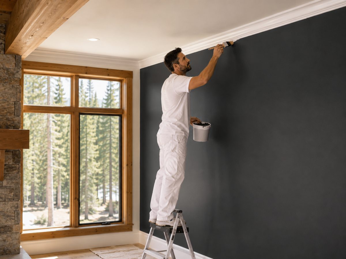 Painter on a step ladder cutting a crisp line where a charcoal wall meets white ceiling trim