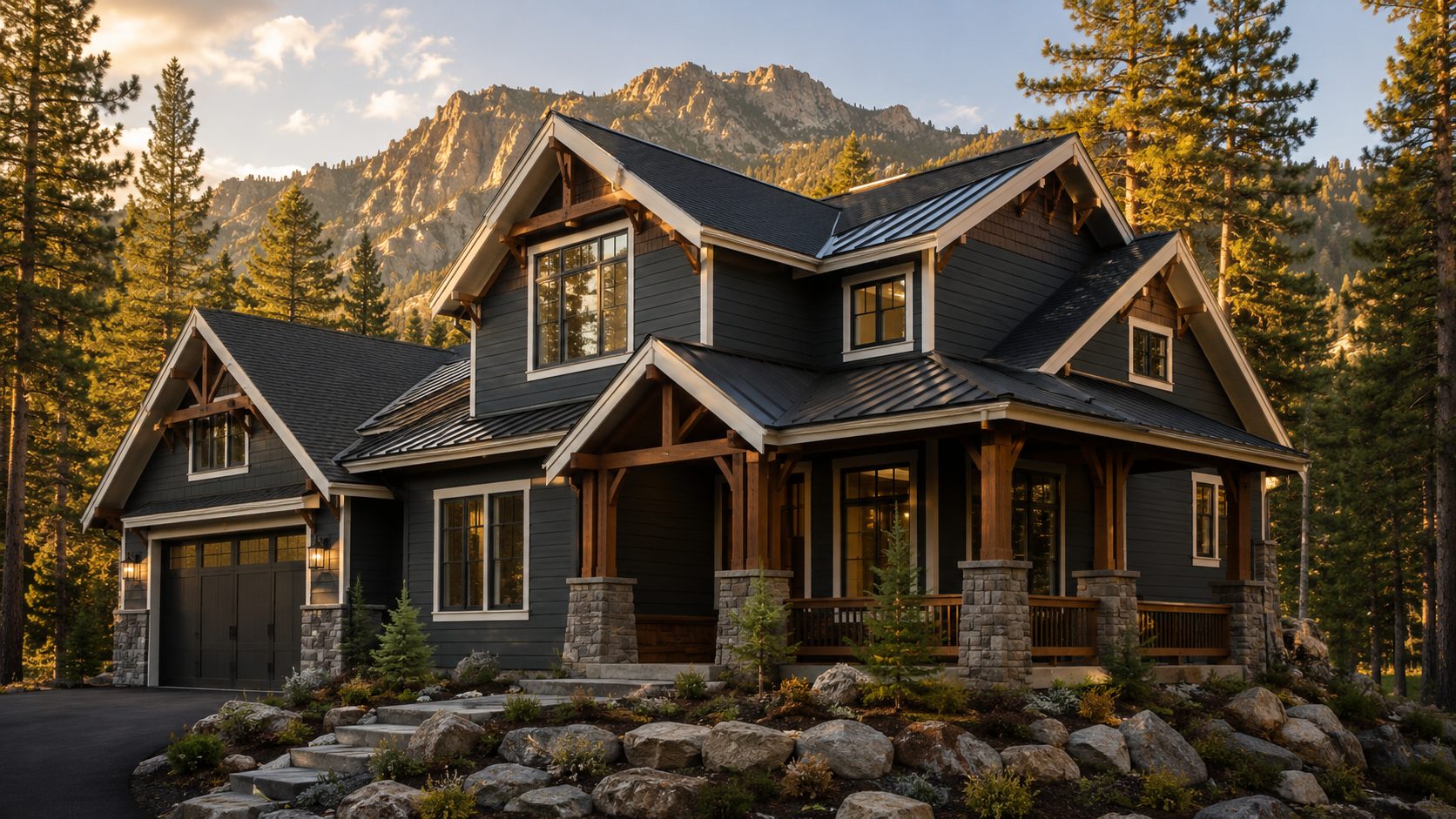 Mountain home with a freshly painted charcoal exterior and crisp white trim at golden hour