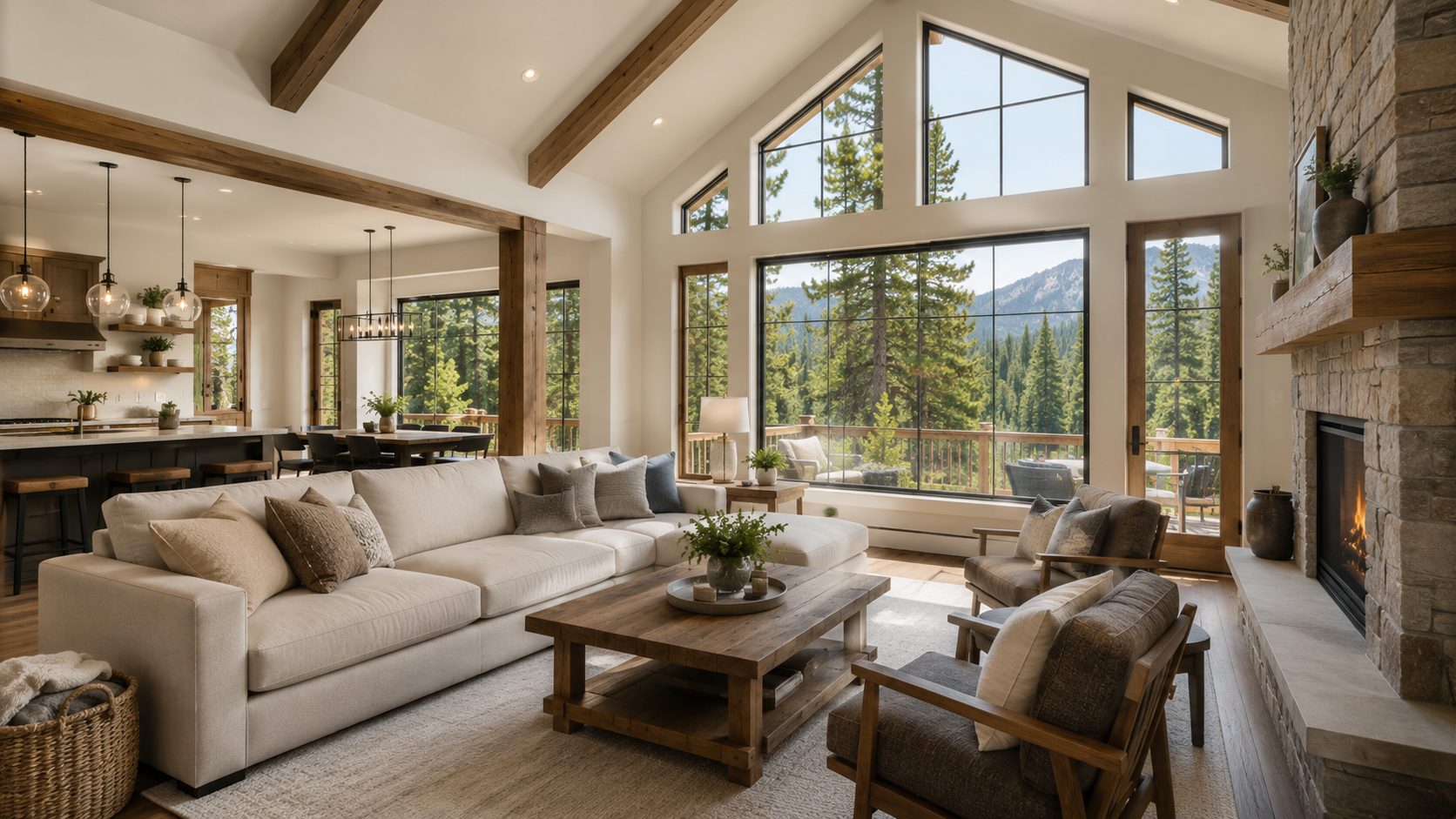 Freshly painted great room in warm white with crisp trim lines, timber beams, and windows onto pine forest