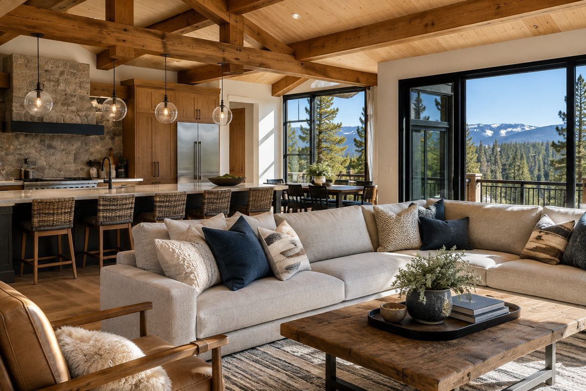 Upscale mountain home with a freshly finished charcoal exterior and stone accents in Incline Village
