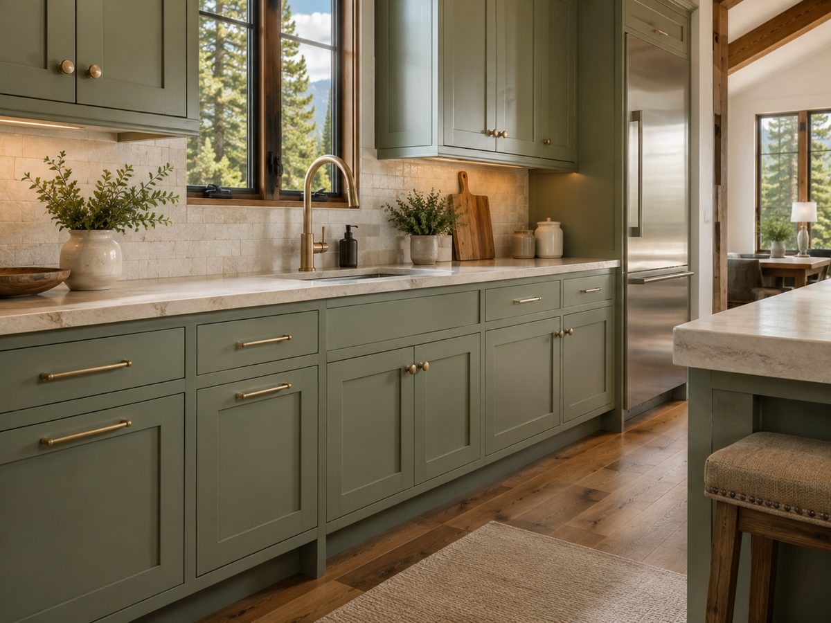Kitchen cabinets refinished in soft sage green with brushed brass hardware