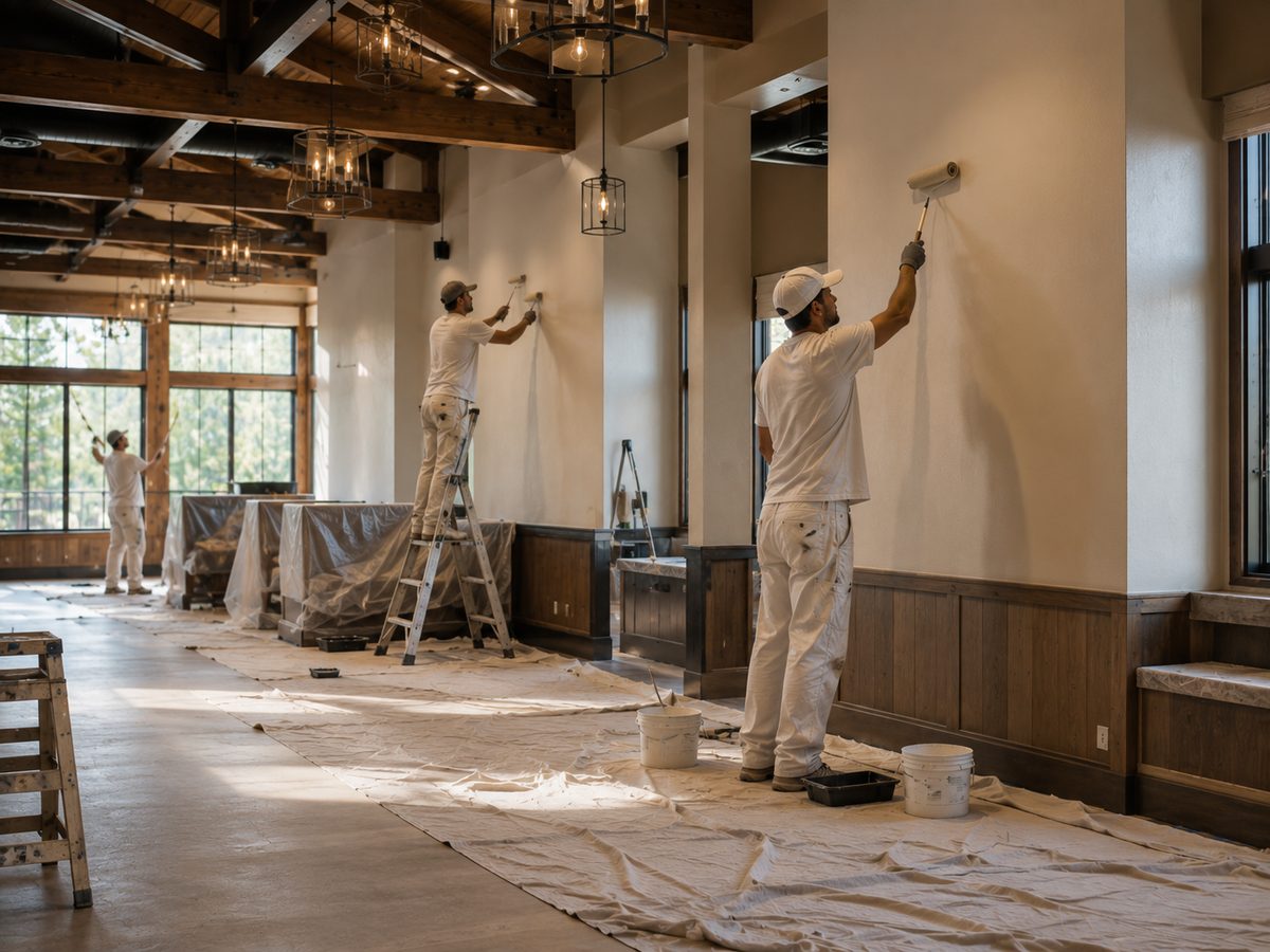 Crew painting a lodge-style commercial dining room before opening
