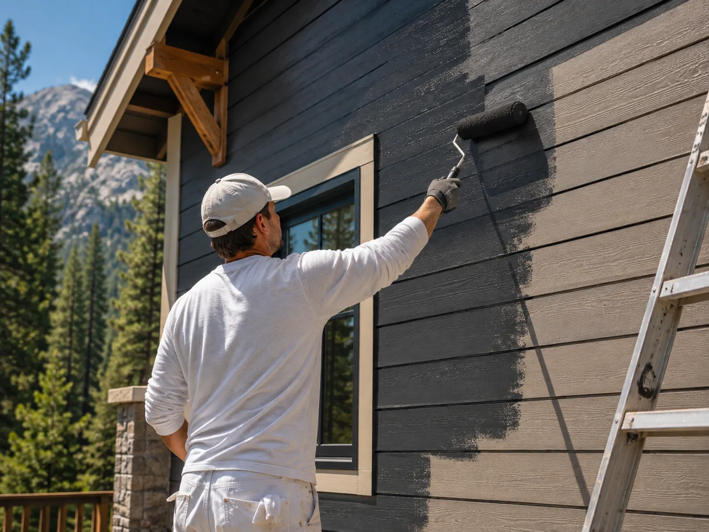 Painter rolling deep charcoal paint onto the wood siding of a mountain home