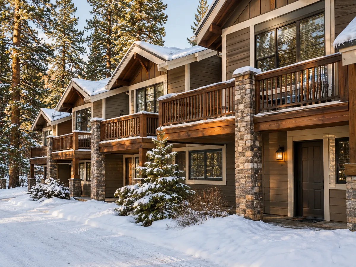 Mountain condominium complex with freshly painted siding and trim in coordinated earth tones
