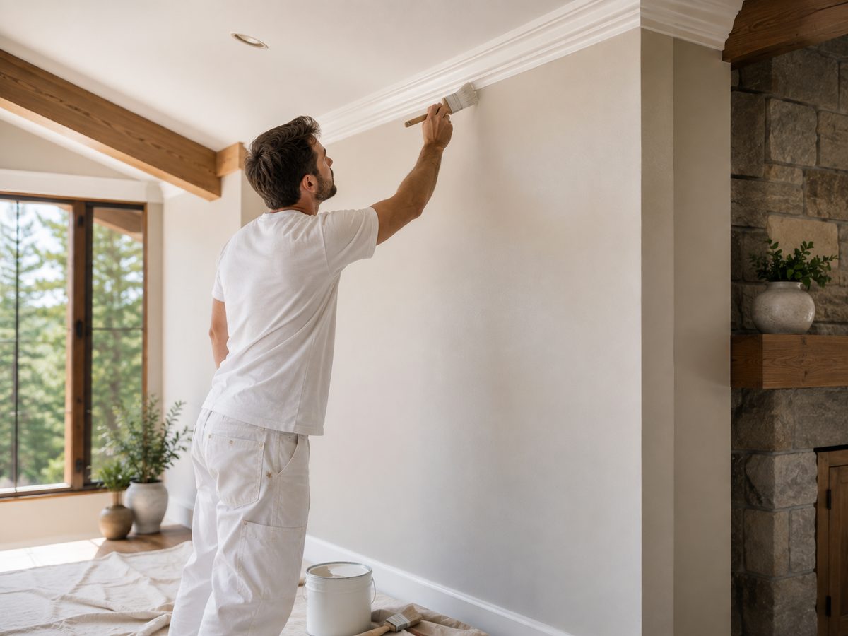 Painter cutting in a crisp edge along ceiling trim in a bright mountain home