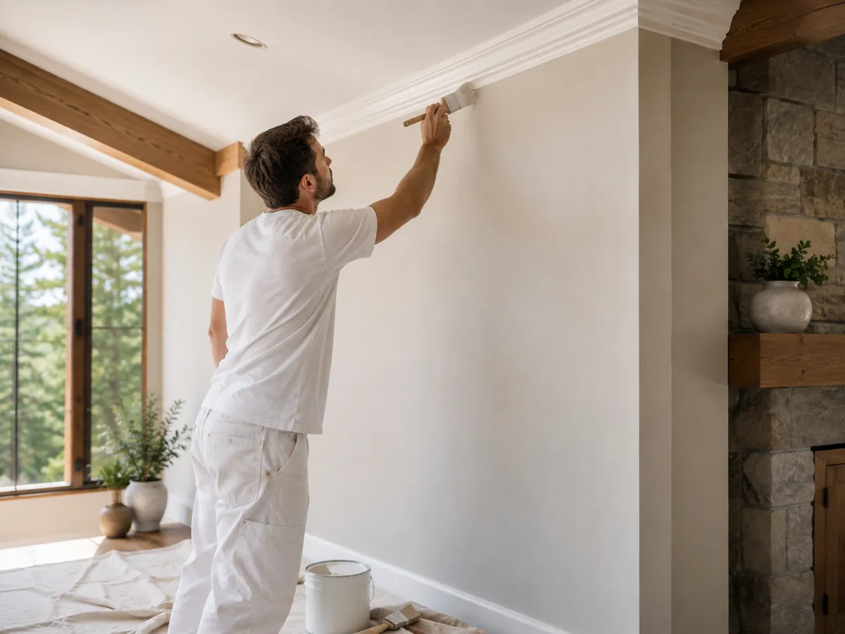 Painter cutting in a crisp edge along ceiling trim in a bright mountain home